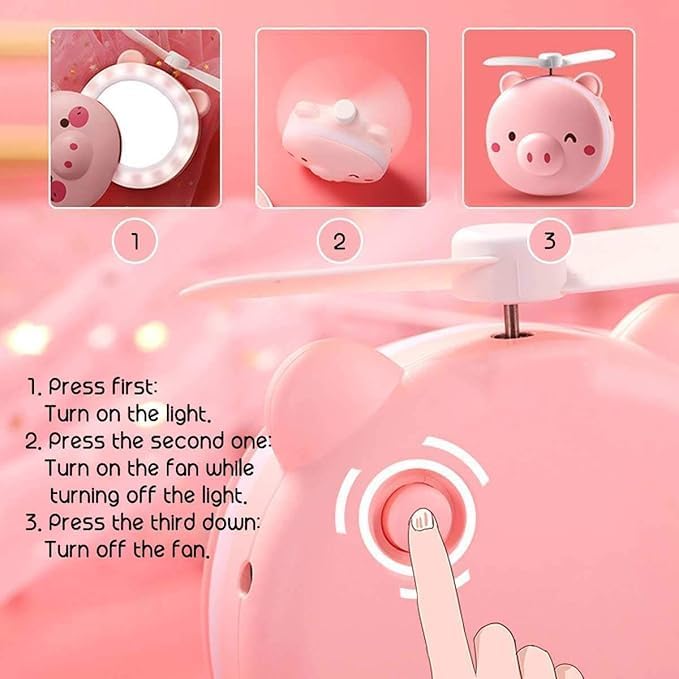 LED Makeup Mirror with Mini Fan – Portable USB Powered Vanity Mirror, Pink Pig Design, Compact Travel Cosmetic Mirror (8.5 x 10 cm)
