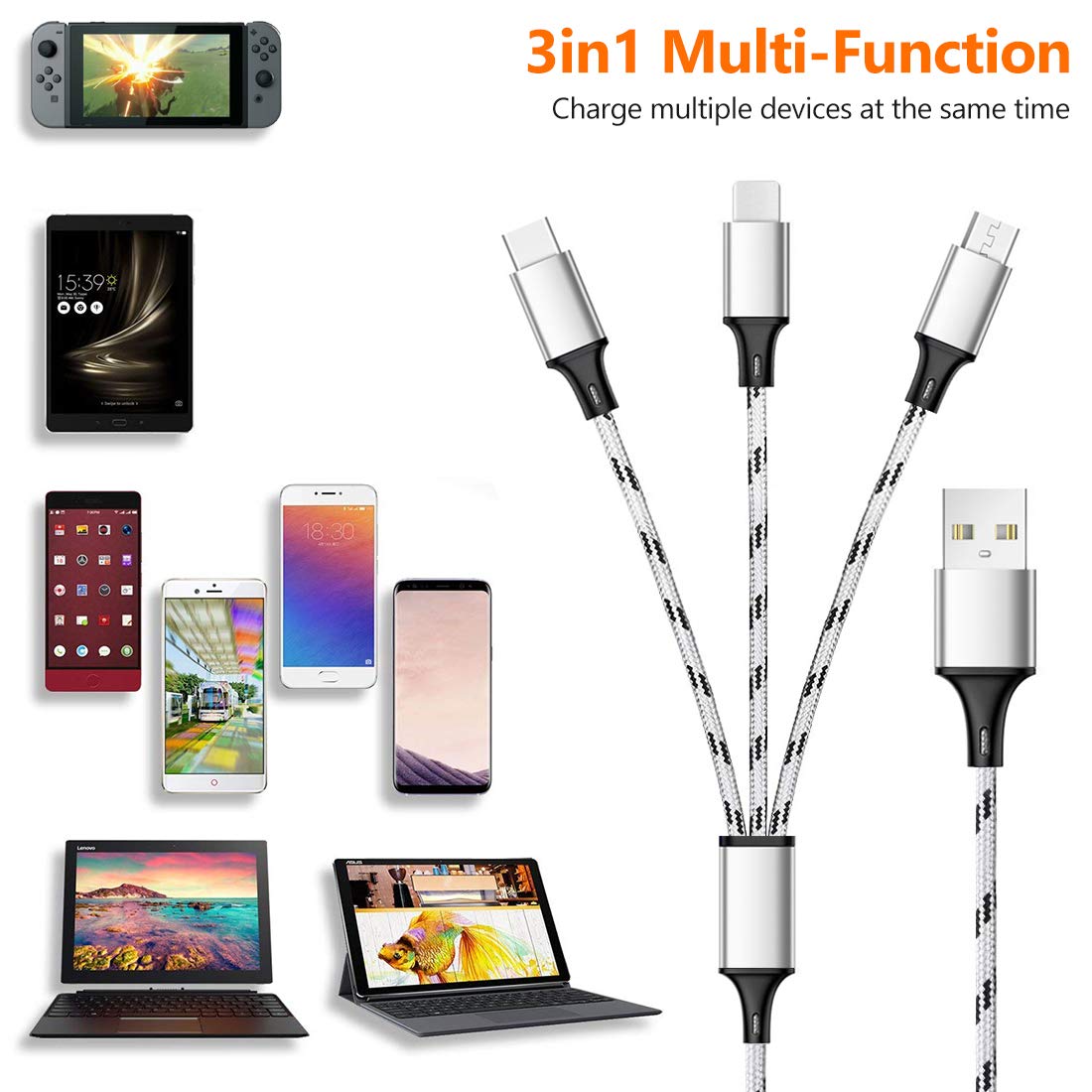 3-in-1 Multi Charging Cable | Universal USB Cable with Type-C, Micro USB & Lightning Connectors for iPhone, Android & Devices
