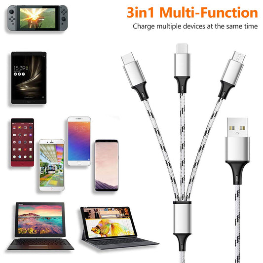 3-in-1 Multi Charging Cable | Universal USB Cable with Type-C, Micro USB & Lightning Connectors for iPhone, Android & Devices