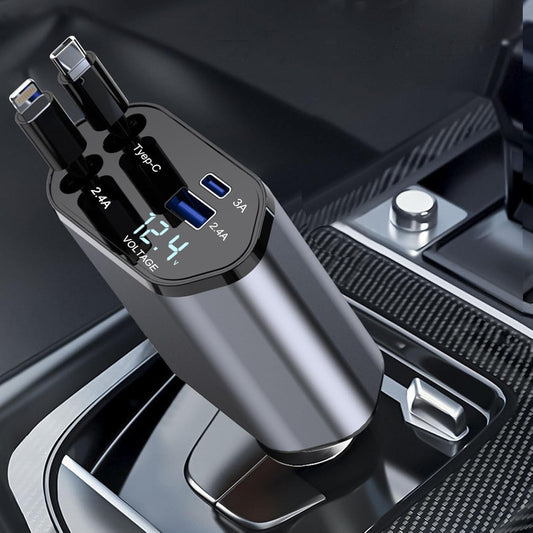 4 in 1 Super Fast Car Charger 120W Retractable Multi Port Charging Adapter for All Devices