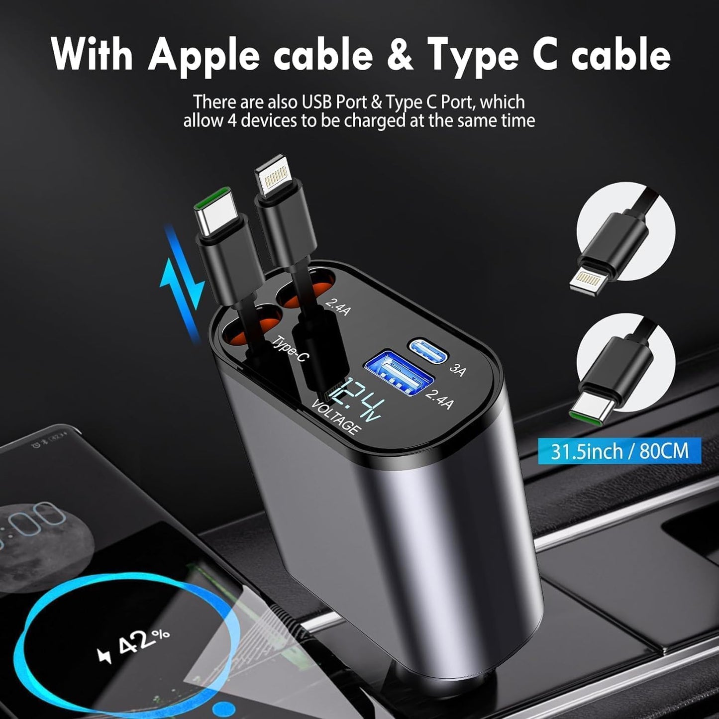 4 in 1 Super Fast Car Charger 120W Retractable Multi Port Charging Adapter for All Devices