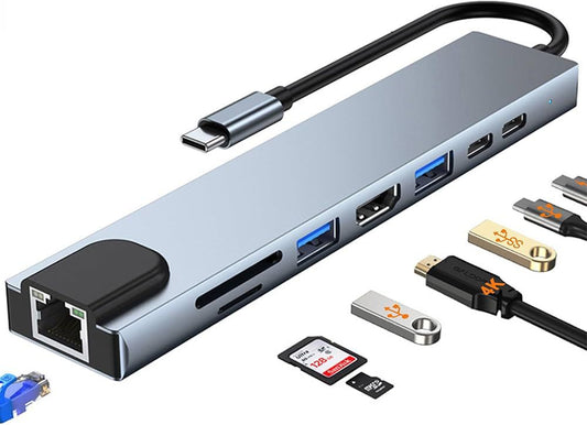 8-in-1 USB-C Hub Adapter with 4K HDMI, 100W Power Delivery, USB 3.0, RJ45 Ethernet, SD/TF Card Reader