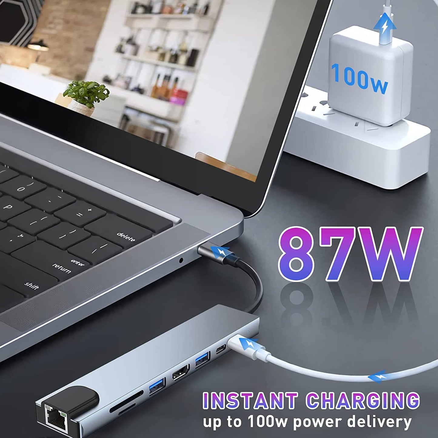 8-in-1 USB-C Hub Adapter with 4K HDMI, 100W Power Delivery, USB 3.0, RJ45 Ethernet, SD/TF Card Reader