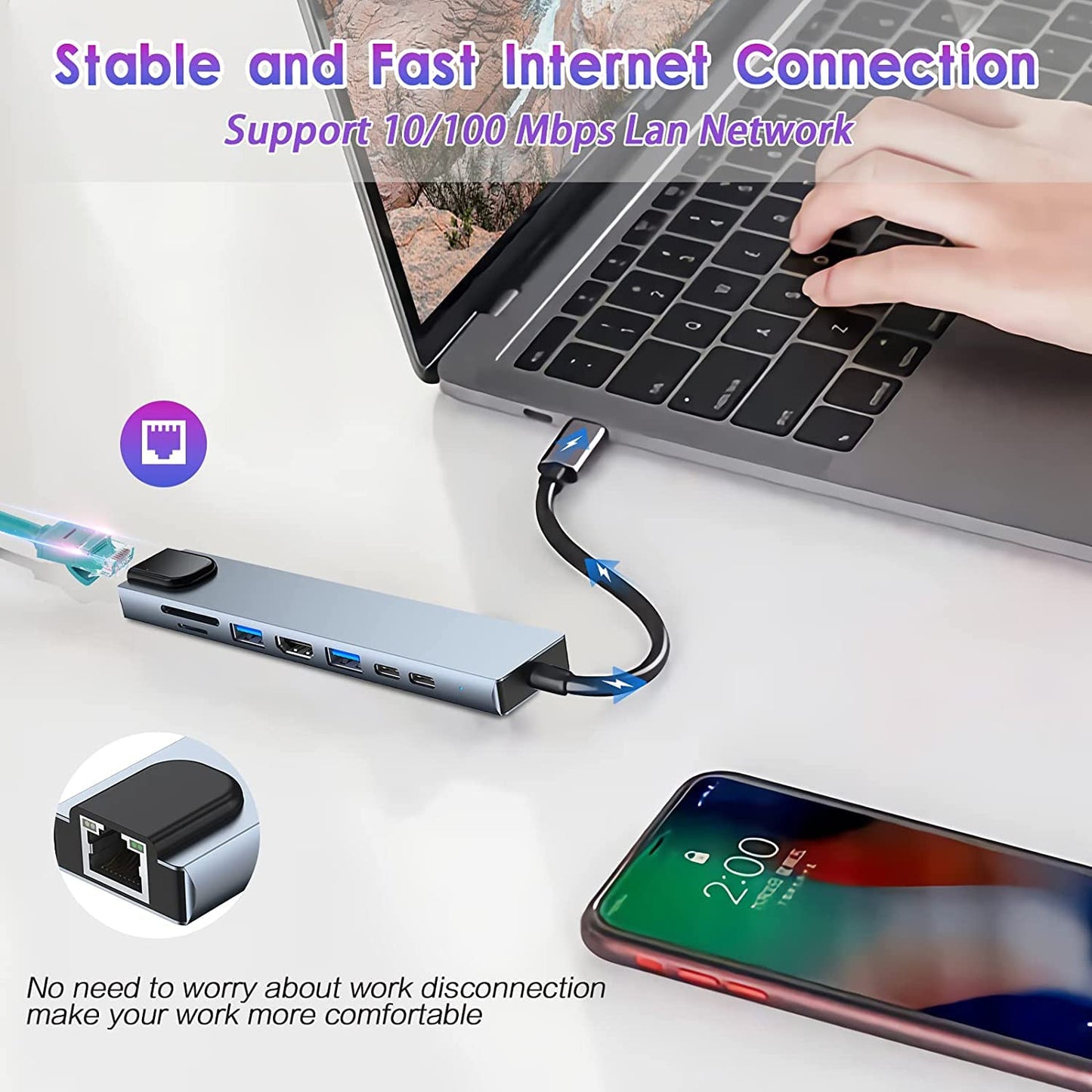 8-in-1 USB-C Hub Adapter with 4K HDMI, 100W Power Delivery, USB 3.0, RJ45 Ethernet, SD/TF Card Reader