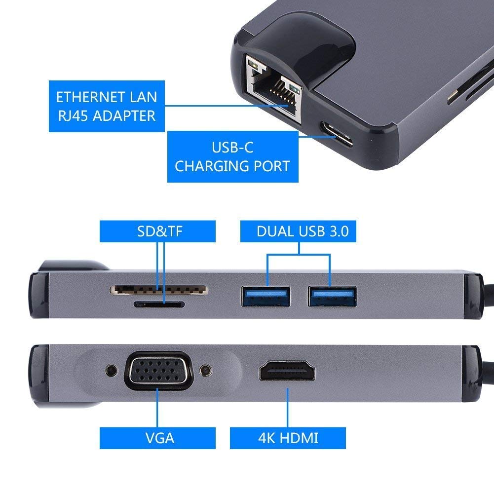 8-in-1 USB-C Hub Adapter with HDMI, VGA, RJ45 Ethernet, 100W PD, USB 3.0 & SD/TF Card Reader | Type-C Docking Station for MacBook & Laptops