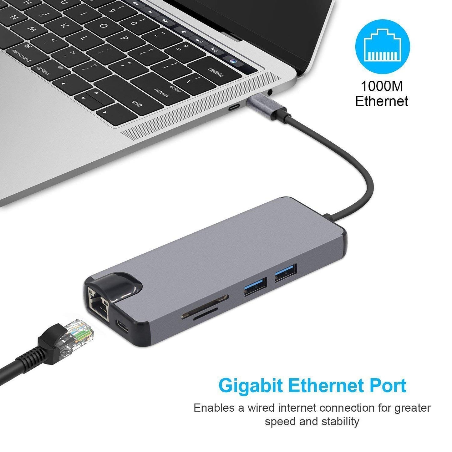 8-in-1 USB-C Hub Adapter with HDMI, VGA, RJ45 Ethernet, 100W PD, USB 3.0 & SD/TF Card Reader | Type-C Docking Station for MacBook & Laptops