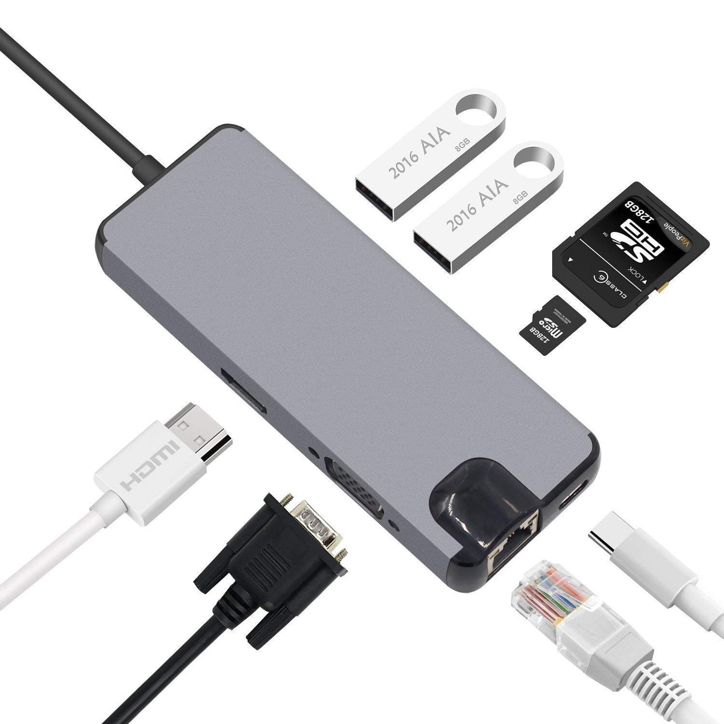 8-in-1 USB-C Hub Adapter with HDMI, VGA, RJ45 Ethernet, 100W PD, USB 3.0 & SD/TF Card Reader | Type-C Docking Station for MacBook & Laptops