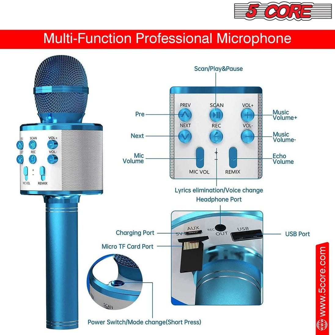 Wireless Bluetooth Karaoke Microphone Speaker Handheld Mic with Stereo Sound and Headphone Support for Mobile Singing KTV
