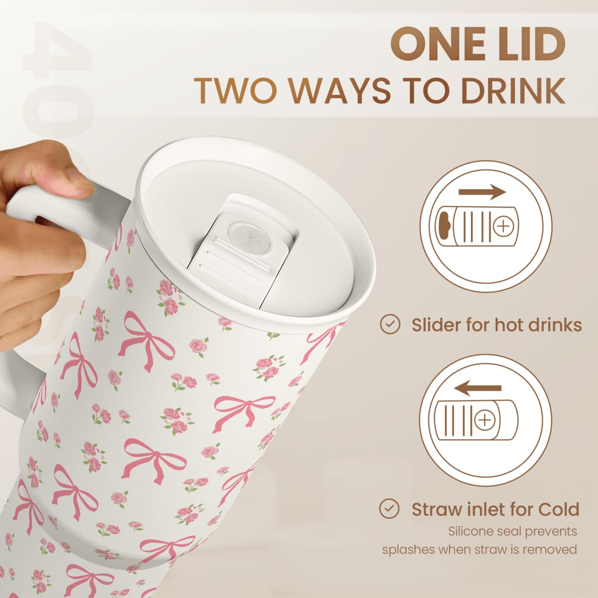 40oz Stainless Steel Insulated Tumbler with Handle – Travel Coffee Cup with Straw Lid