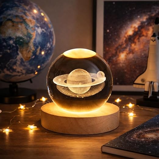 3D Saturn Crystal Globe Lamp with Wooden Base – Engraved LED Night Light, USB Powered Decorative Table Lamp