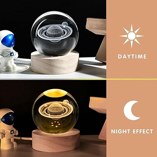 3D Saturn Crystal Globe Lamp with Wooden Base – Engraved LED Night Light, USB Powered Decorative Table Lamp