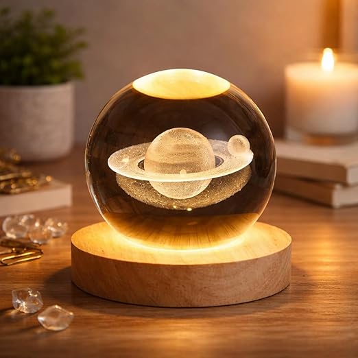 3D Saturn Crystal Globe Lamp with Wooden Base – Engraved LED Night Light, USB Powered Decorative Table Lamp
