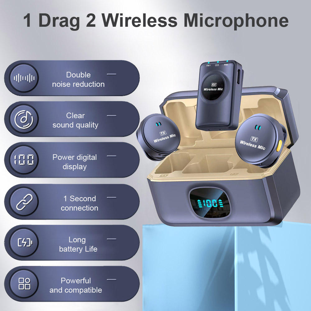 Q8 Wireless Lavalier Microphone – Dual Mic with Charging Case & Noise Reduction