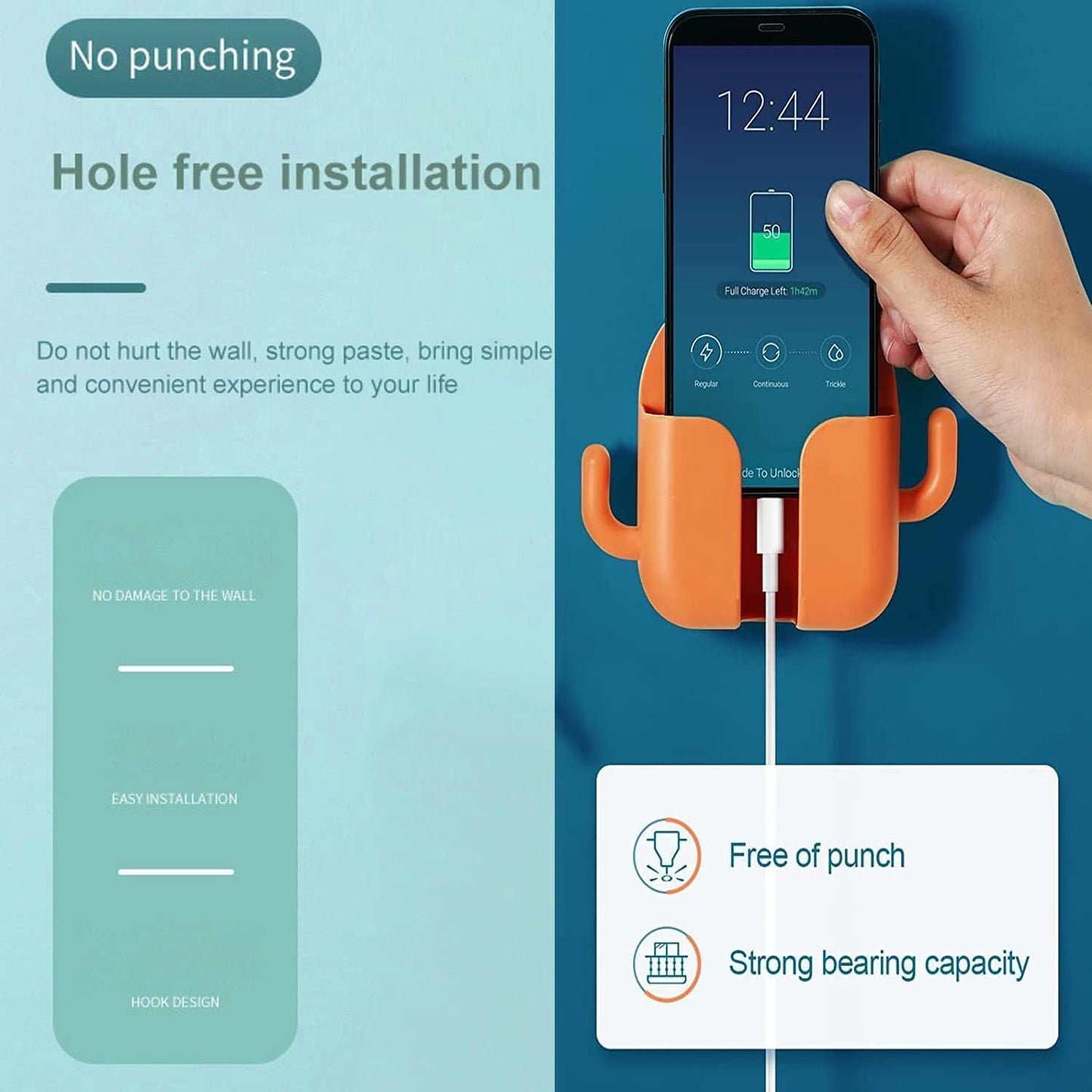 Self Adhesive Phone Charging Stand Wall Mount Mobile Holder with Dual Hooks for Bedroom Kitchen Office