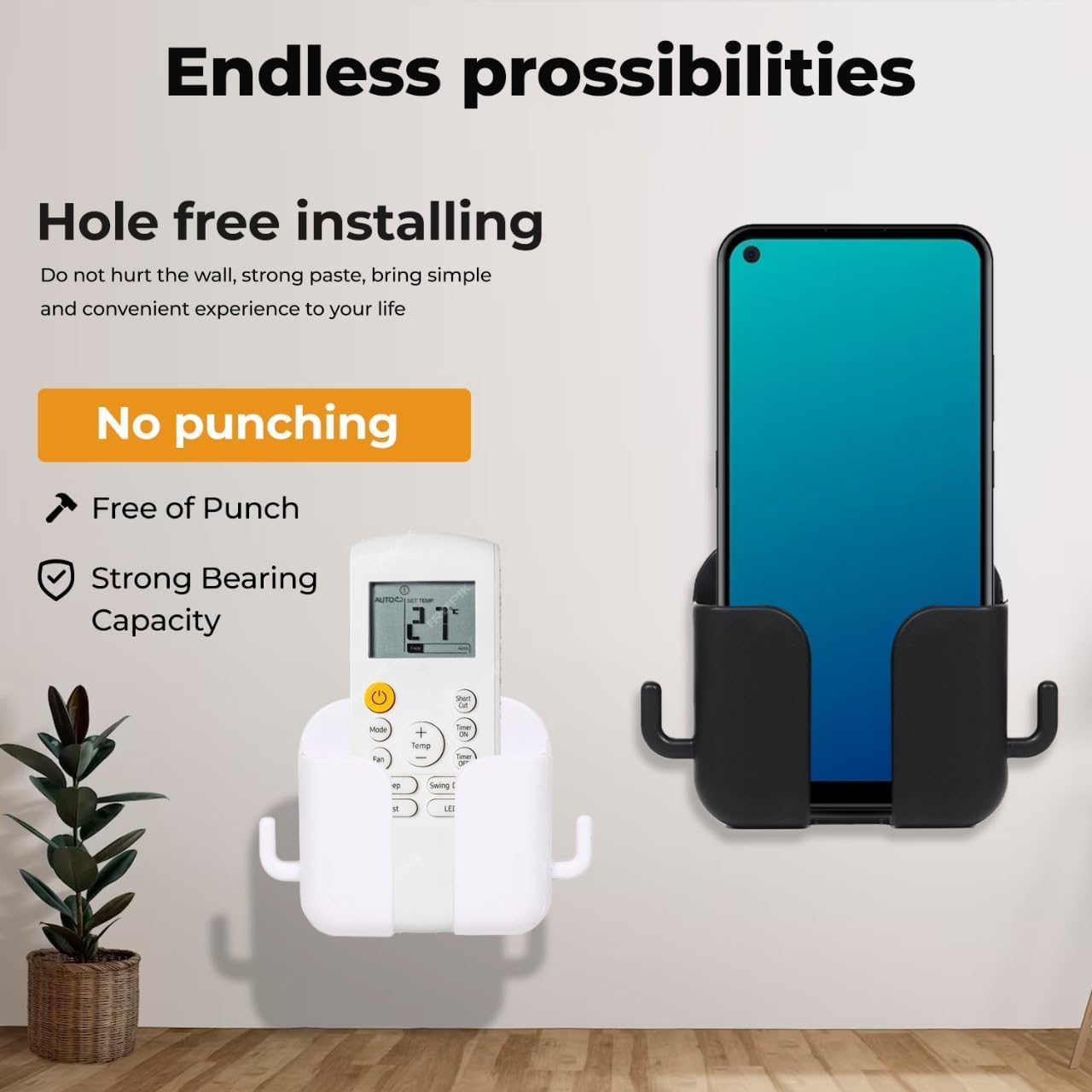 Self Adhesive Phone Charging Stand Wall Mount Mobile Holder with Dual Hooks for Bedroom Kitchen Office