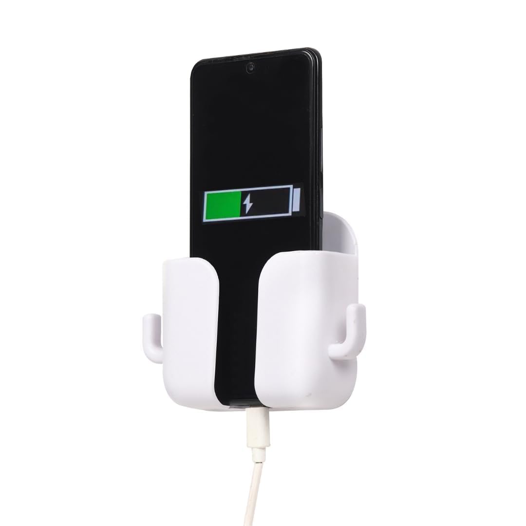 Self Adhesive Phone Charging Stand Wall Mount Mobile Holder with Dual Hooks for Bedroom Kitchen Office