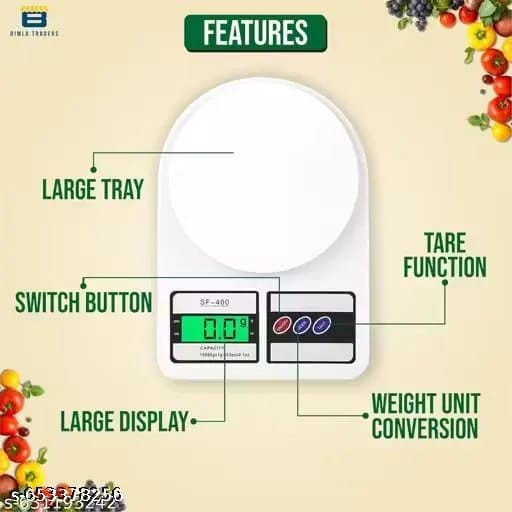 Digital Kitchen Scale 10kg Capacity Electronic Weighing Machine with 3 Modes for Cooking Baking White