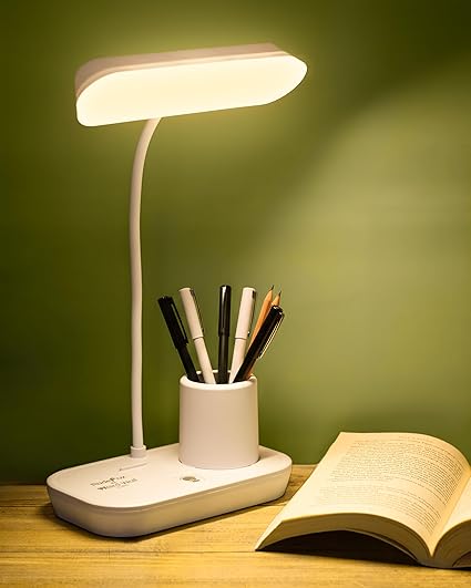 WEIRD WOLF Rechargeable Study Table Lamp – 3 Color Modes, Touch Dimmer, Flexible Gooseneck with Pen & Mobile Holder