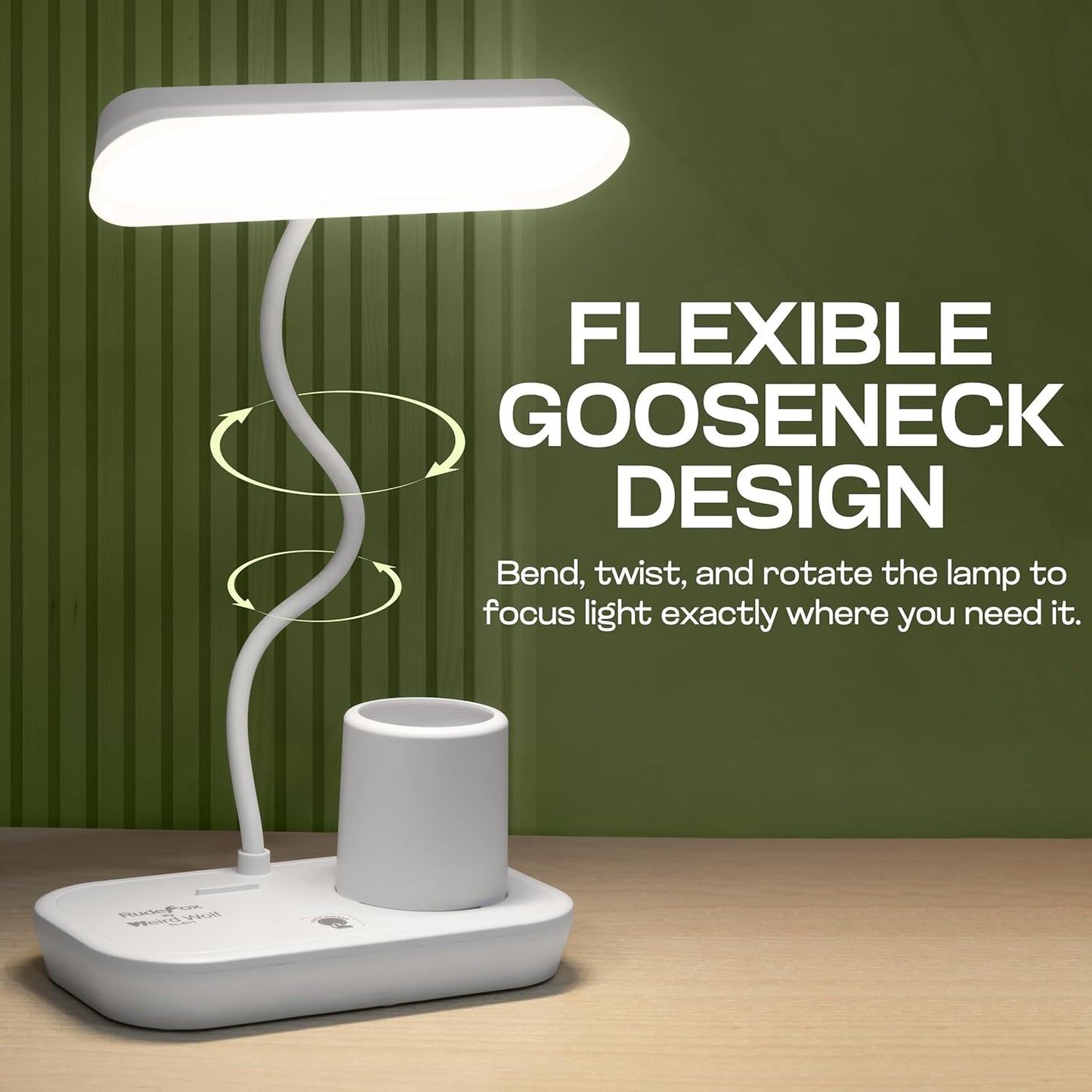 WEIRD WOLF Rechargeable Study Table Lamp – 3 Color Modes, Touch Dimmer, Flexible Gooseneck with Pen & Mobile Holder