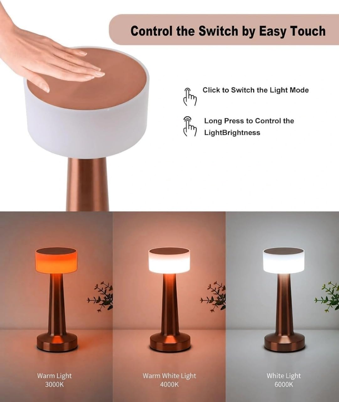 LED Table Lamp Rechargeable Touch Control Dimmable Desk Light for Bedroom Office Study