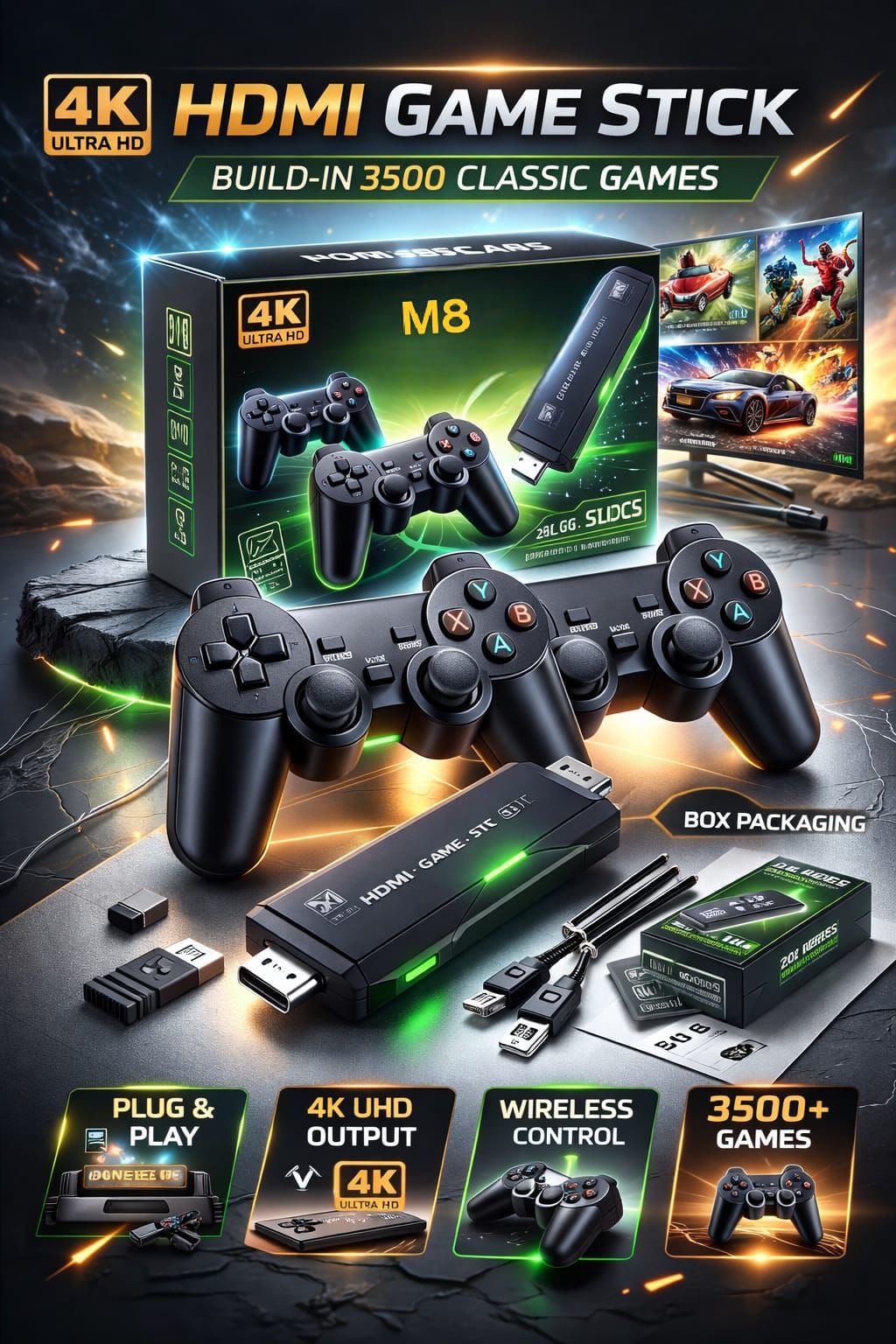 M8 Game Stick 4K HD TV Gaming Console Built in 20000 Games with Wireless Controllers Plug and Play Retro Video Game Console