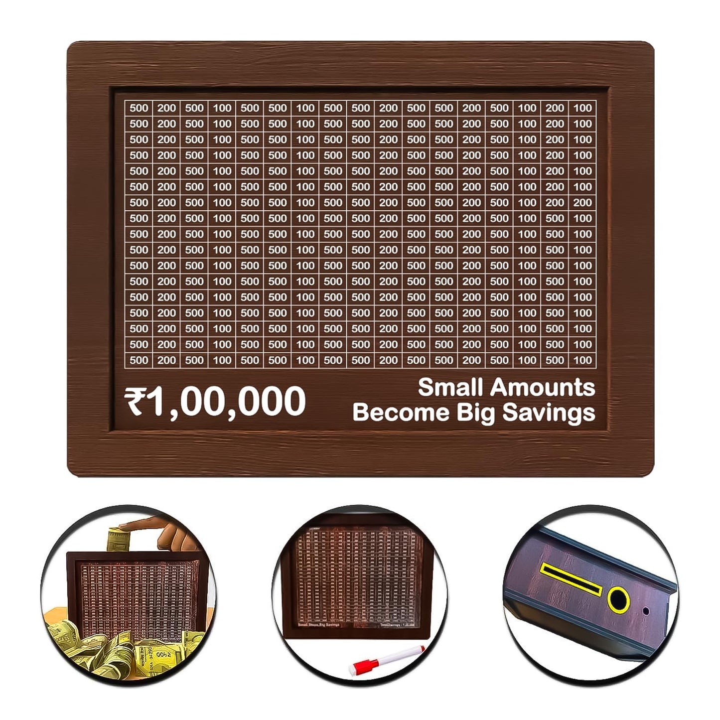 Wooden Savings Challenge Piggy Bank – ₹100000 Money Saving Box, Reusable Gullak Coin Bank for Kids & Adults