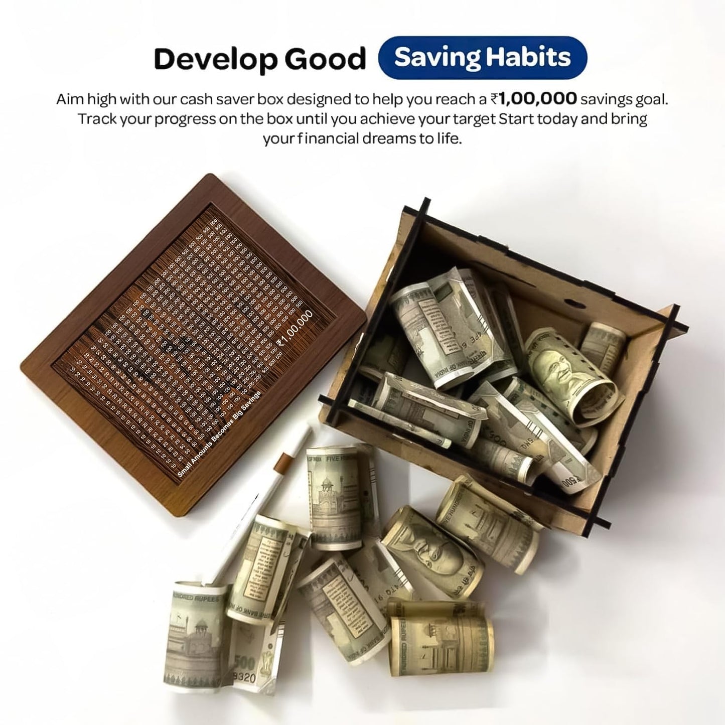 Wooden Savings Challenge Piggy Bank – ₹100000 Money Saving Box, Reusable Gullak Coin Bank for Kids & Adults