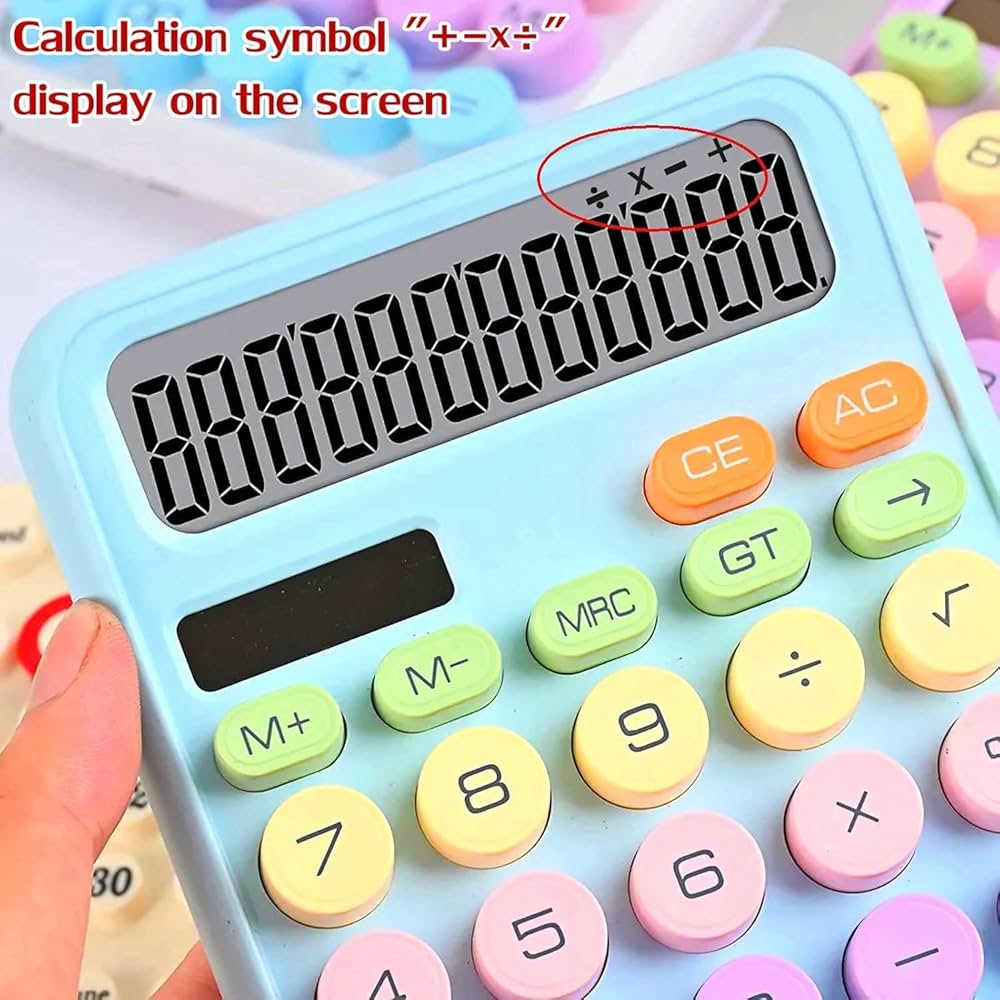 12 Digit Desk Calculator Large Display Big Button Mechanical Key Calculator Battery Powered for Office School Students
