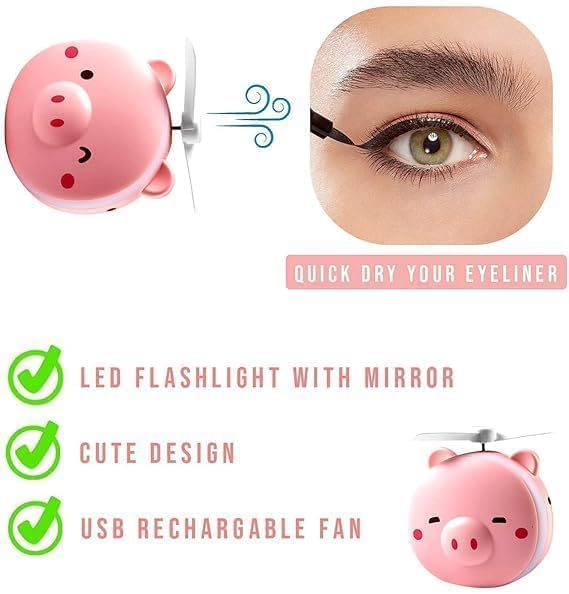 LED Makeup Mirror with Mini Fan – Portable USB Powered Vanity Mirror, Pink Pig Design, Compact Travel Cosmetic Mirror (8.5 x 10 cm)
