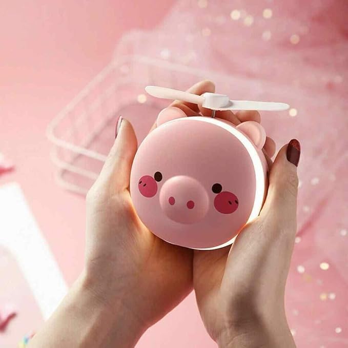 LED Makeup Mirror with Mini Fan – Portable USB Powered Vanity Mirror, Pink Pig Design, Compact Travel Cosmetic Mirror (8.5 x 10 cm)