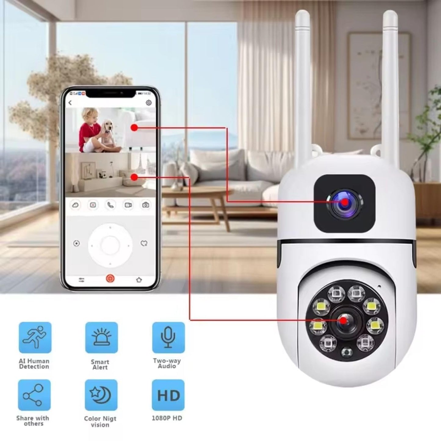 Mini Dual Lens PTZ WiFi Security Camera 5.5MP Full HD 360 Degree Indoor Camera with Two Way Audio Motion Detection Night Vision