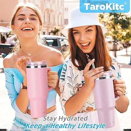 Pink Insulated Tumbler with Handle and Straw Stainless Steel Travel Mug for Iced Coffee Water Dishwasher Safe