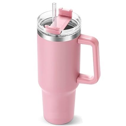 Pink Insulated Tumbler with Handle and Straw Stainless Steel Travel Mug for Iced Coffee Water Dishwasher Safe