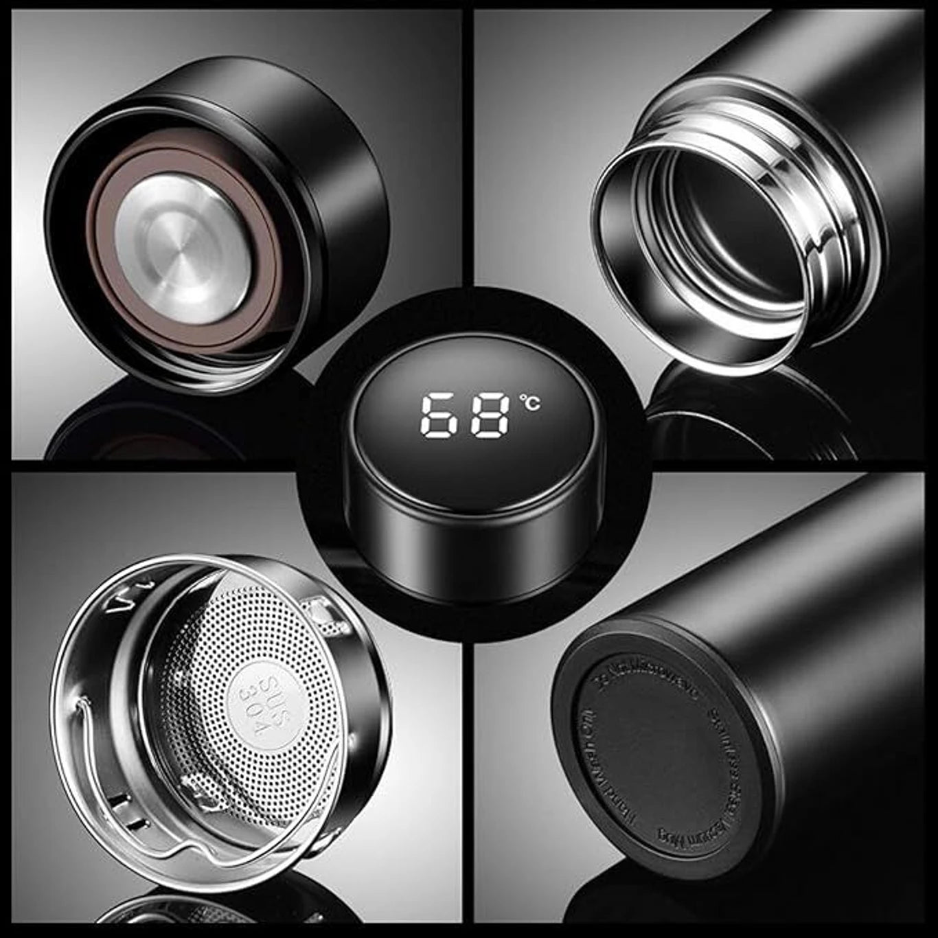 Smart Temperature Display Water Bottle Stainless Steel Vacuum Flask with LED Digital Cap Black