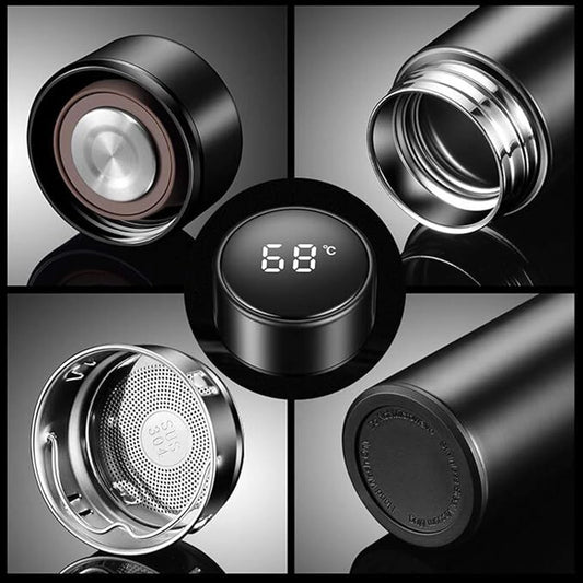 Smart Temperature Display Water Bottle Stainless Steel Vacuum Flask with LED Digital Cap Black