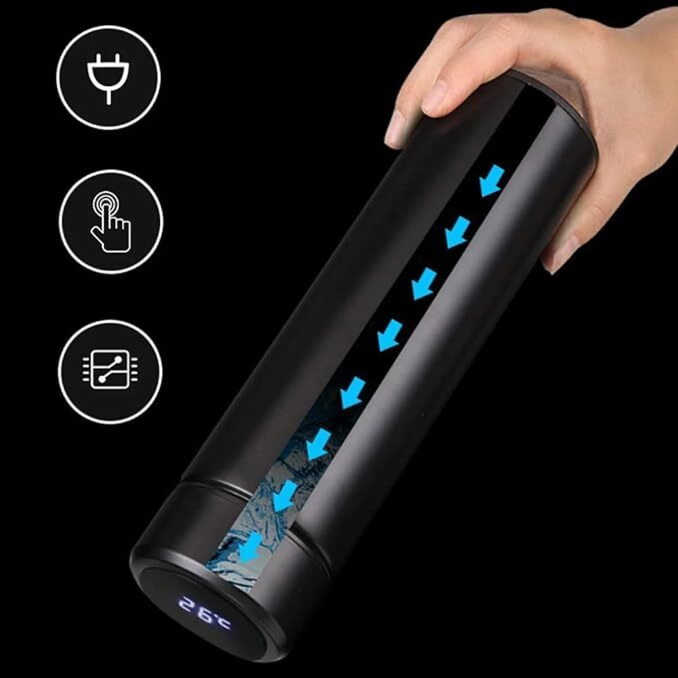 Smart Temperature Display Water Bottle Stainless Steel Vacuum Flask with LED Digital Cap Black