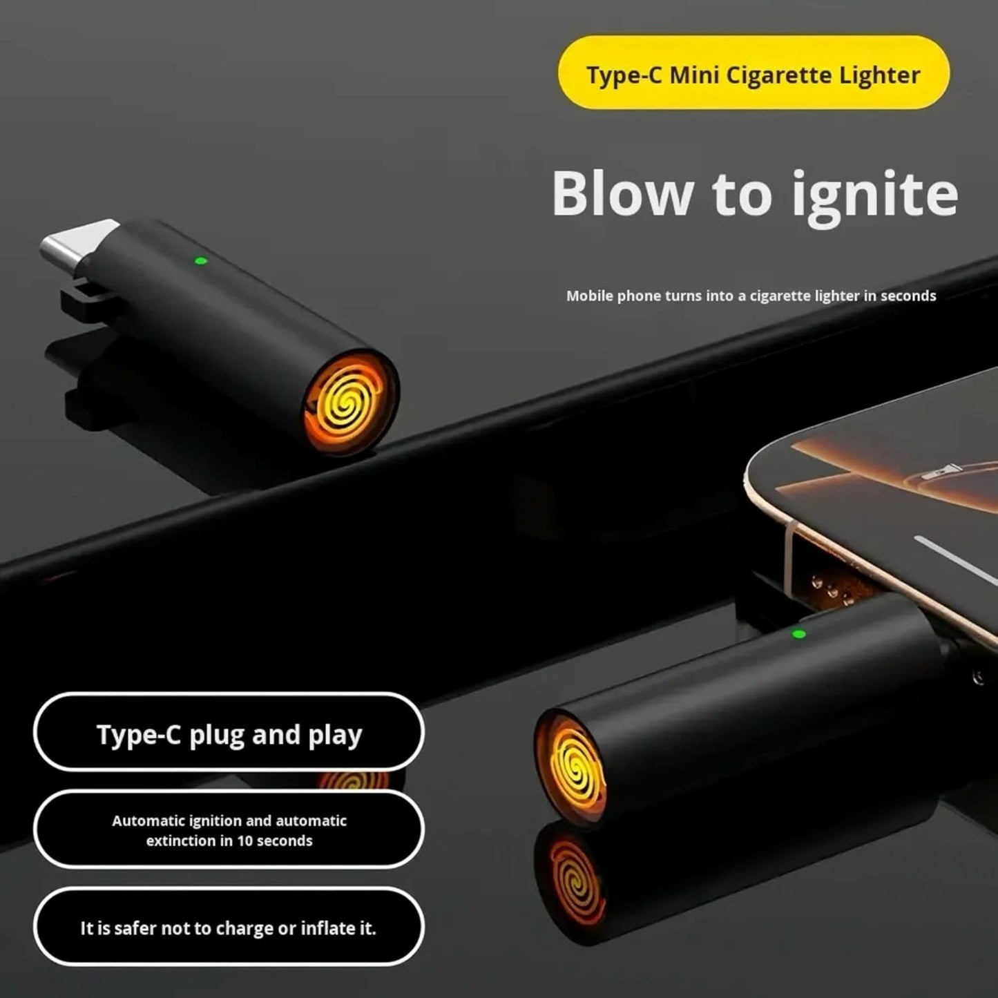 USB Type C Flameless Electric Lighter Rechargeable Windproof Coil Lighter with Blow Sensor Portable Keychain Mini Lighter