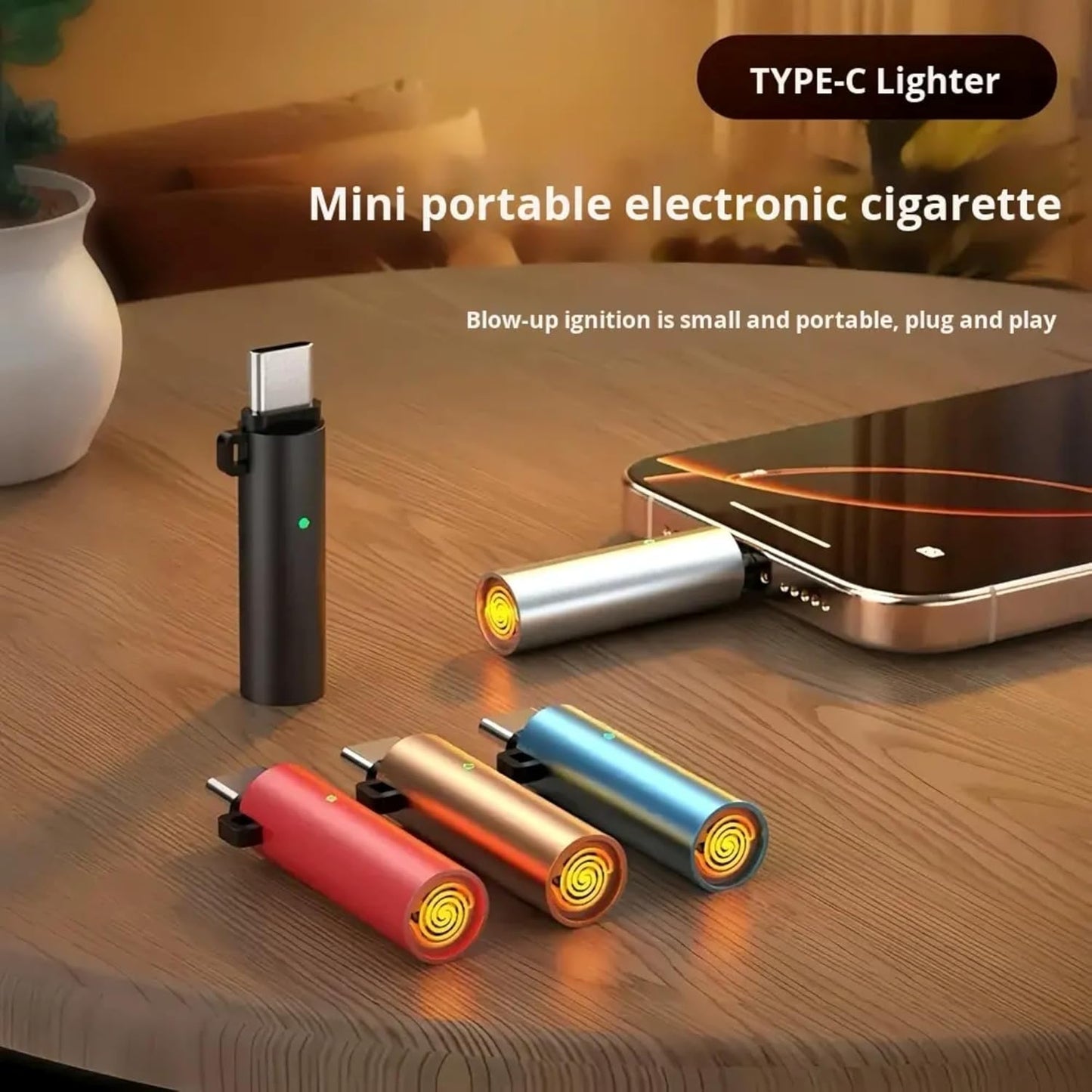 USB Type C Flameless Electric Lighter Rechargeable Windproof Coil Lighter with Blow Sensor Portable Keychain Mini Lighter