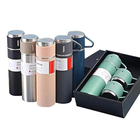 Vacuum Insulated Flask Set with 2 Cups 24 Hour Hot Cold Thermal Bottle Leakproof Travel Flask Multicolor