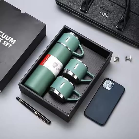 Vacuum Insulated Flask Set with 2 Cups 24 Hour Hot Cold Thermal Bottle Leakproof Travel Flask Multicolor
