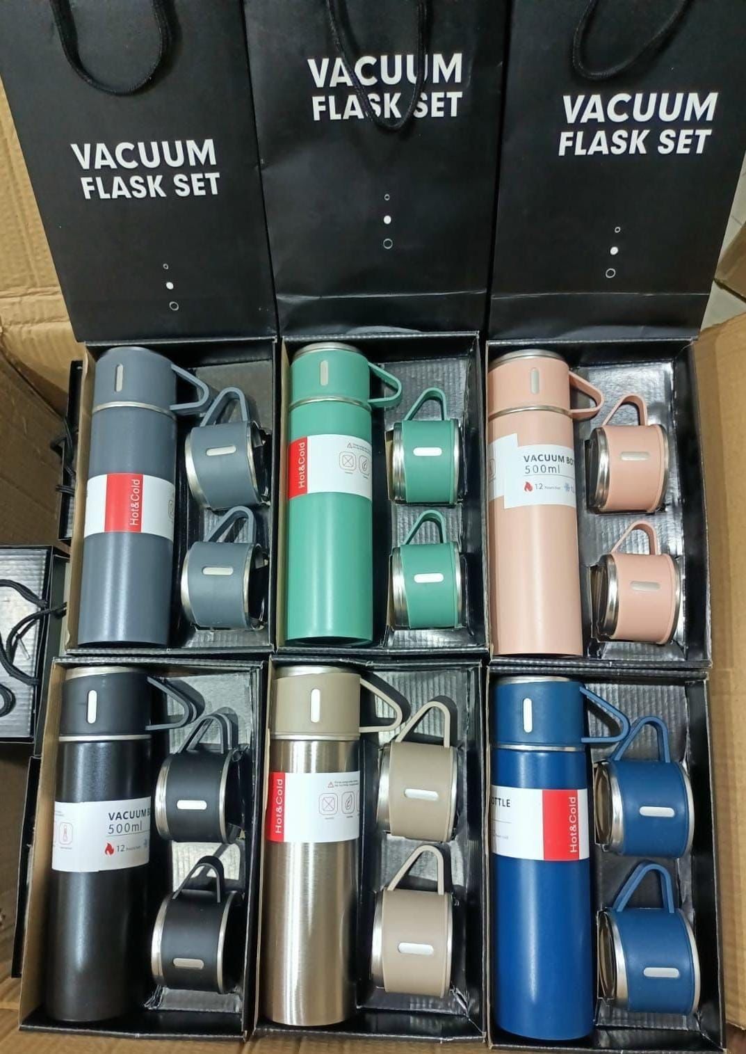 Vacuum Insulated Flask Set with 2 Cups 24 Hour Hot Cold Thermal Bottle Leakproof Travel Flask Multicolor
