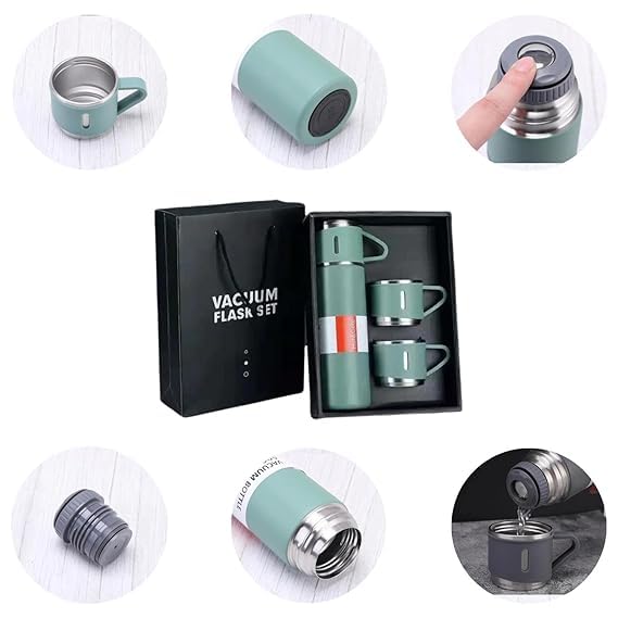 Vacuum Insulated Flask Set with 2 Cups 24 Hour Hot Cold Thermal Bottle Leakproof Travel Flask Multicolor